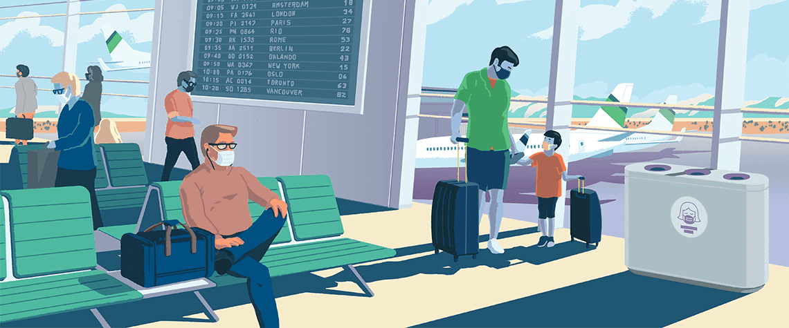 Airport boarding area with people wearing masks, waiting, including a man sitting and child holding mom's hand, and another man looking at a flight schedule board